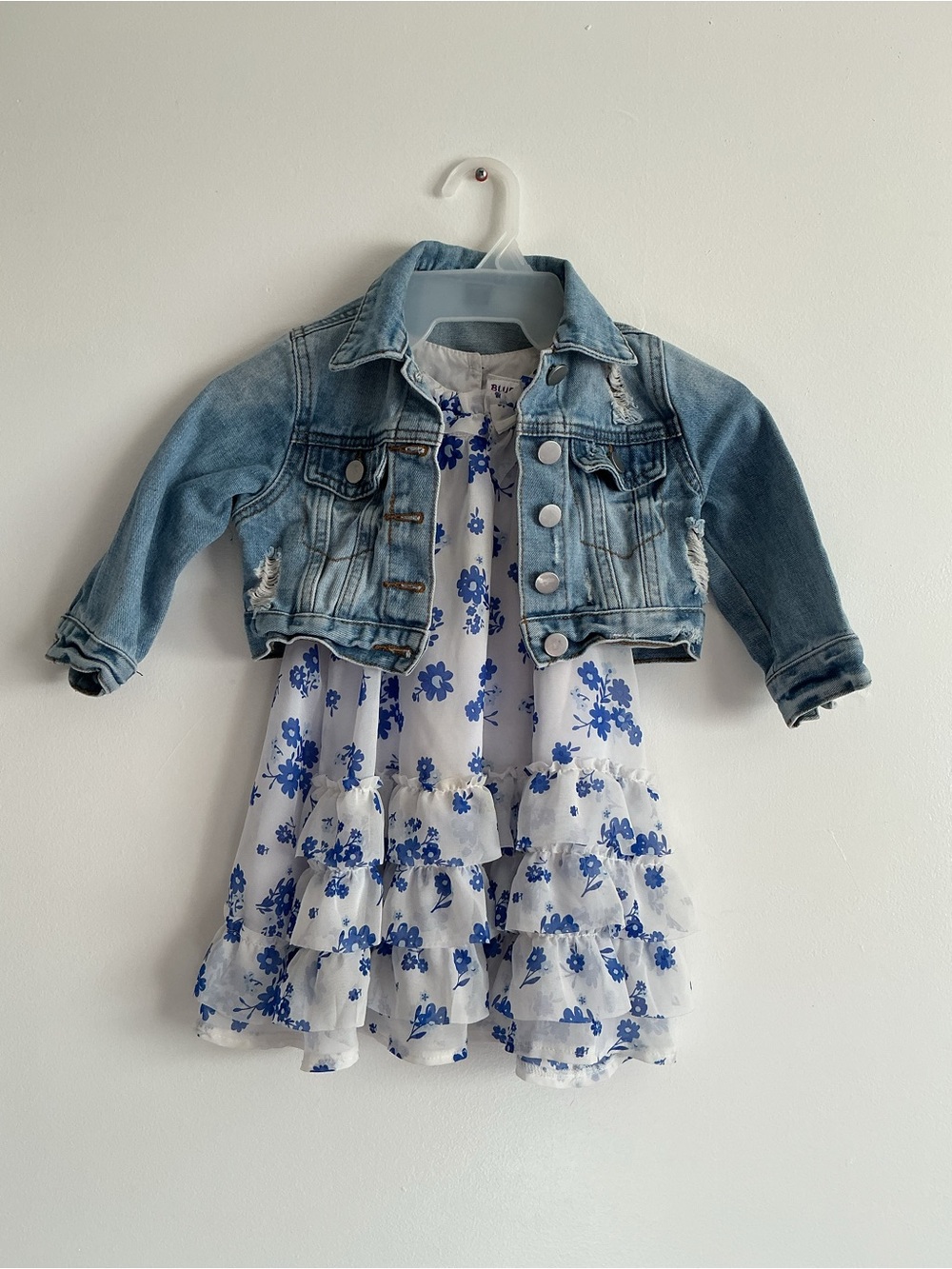 Blueberi Boulevard Blue and white dress with Light Blue Distressed Denim Jacket